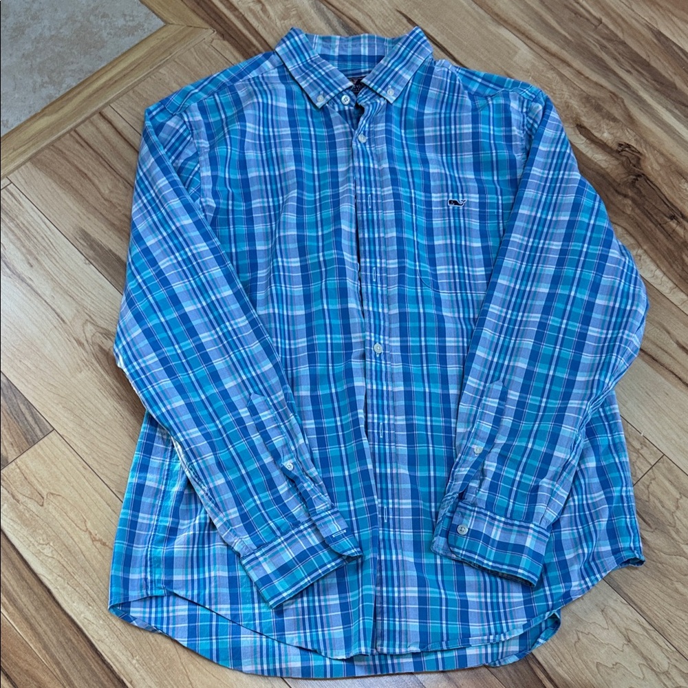 Vineyard Vines Teal and White Plaid Shirt